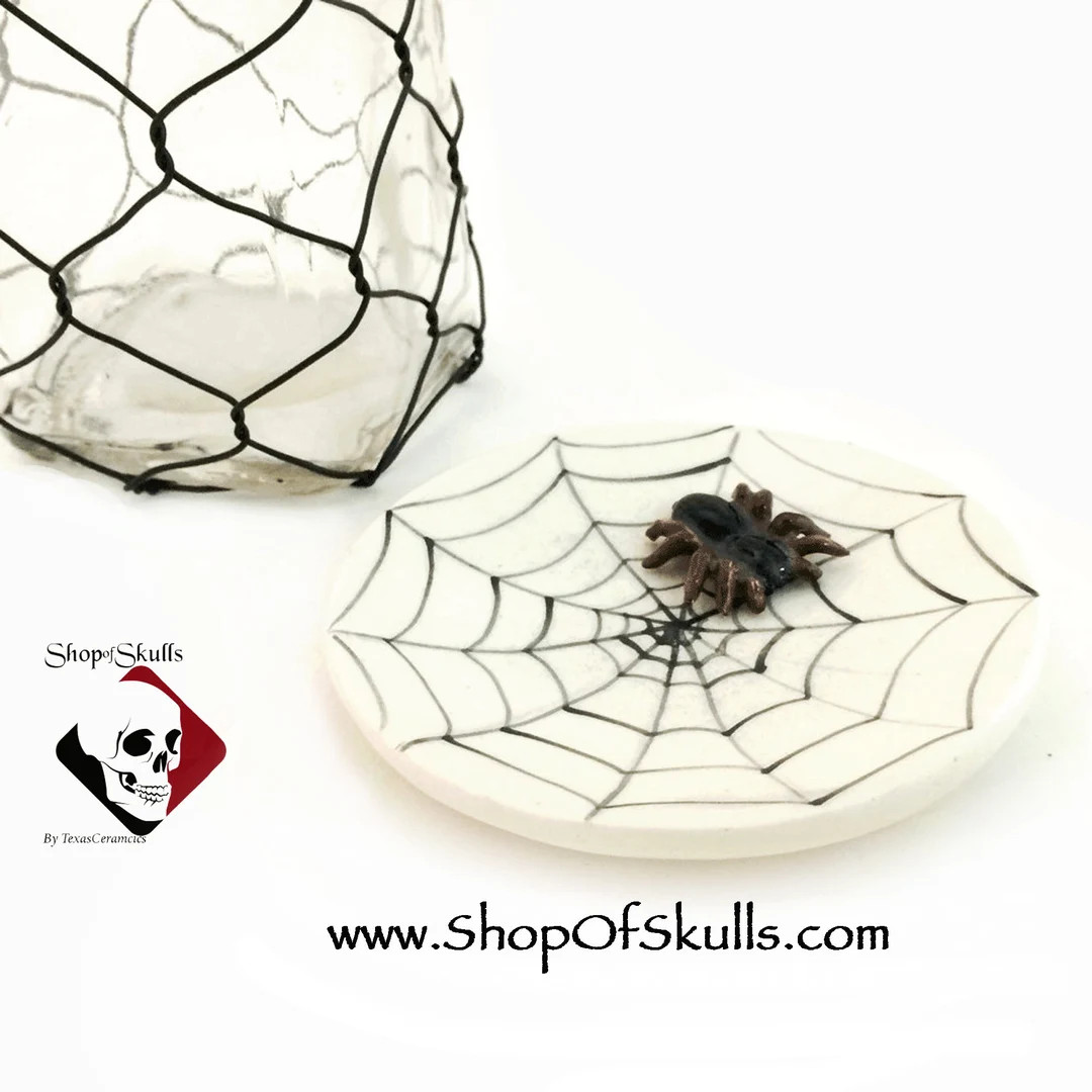 Spider Web Tea Bag Holder Dish with Small Tarantula Spider Cobweb Plate Incense Burner Dish Haunt... | Etsy (US)