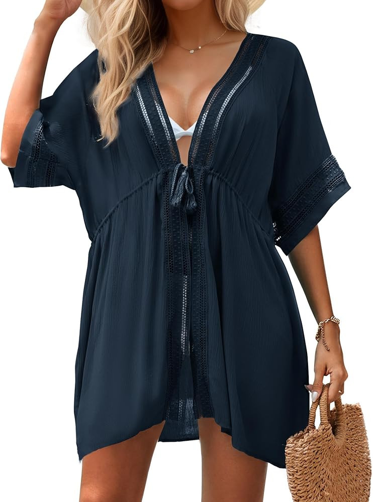 Women Swimsuit Cover Up 3/4 Bell Sleeve Boho Bathing Suit Coverups Hollow Out Kimonos Cardigans f... | Amazon (US)