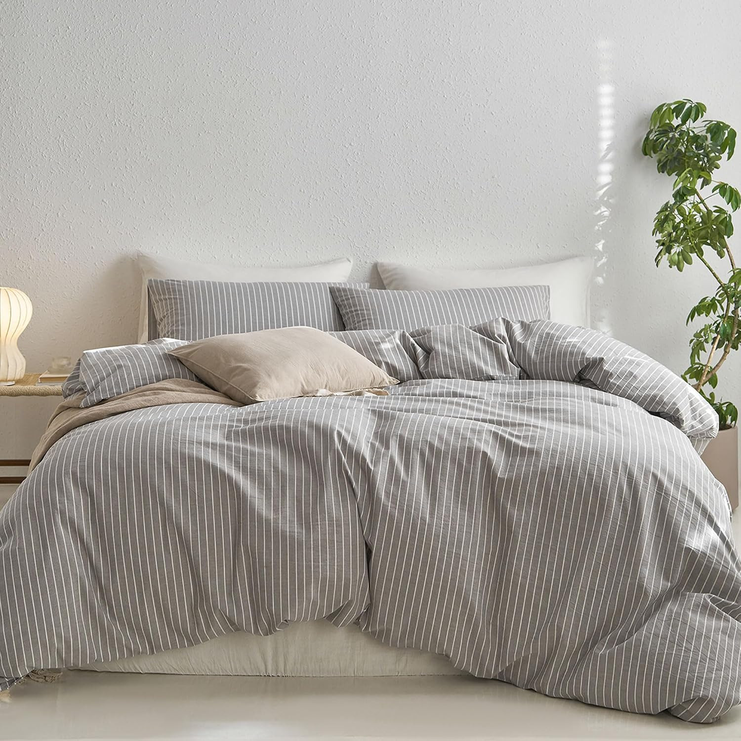 MooMee Striped Duvet Cover Set 100% Washed Cotton Linen Like King | Relaxed Linen-like Texture. S... | Amazon (US)