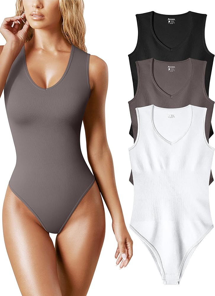 OQQ Women's 3 Piece Bodysuits Sexy Ribbed V Neck Sleeveless Tank Tops Bodysuits | Amazon (US)