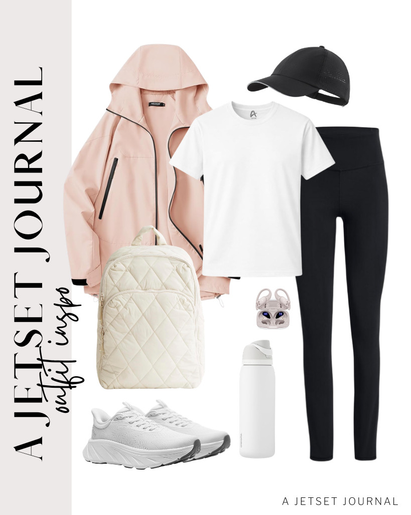 Here’s another cool combination: a plain white tee, a pink hooded jacket, and black leggings. You’re going to love how feminine this outfit is, especially when paired with slip-on walking shoes and a Vera Bradley hybrid backpack. It’s a great outfit for post-gym brunch dates with friends. 

 #LTKSeasonal #LTKSaleAlert #LTKTravel