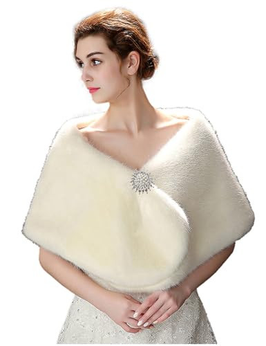 Teyglen Bridal Faux Fur Wrap Shawl Cape for Women Wedding Evening Party White Fur Stole Wrap with Brooch Warm Cover Fur Scarf | Amazon (US)