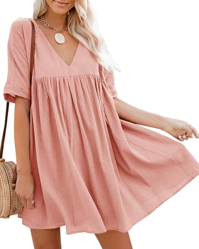 Hestenve Women's Short Sleeve V Neck Pleated Babydoll Solid Color Tunic Party Swing Mini Dress | Amazon (US)