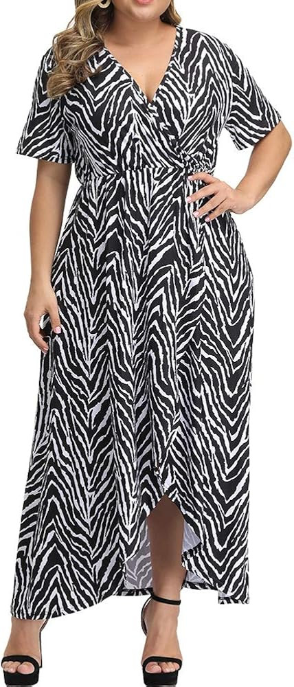 ALLEGRACE Women Plus Size Maxi Dresses Snakeskin Wrap V Neck Summer Casual Flowy Long Dress | Amazon (US)