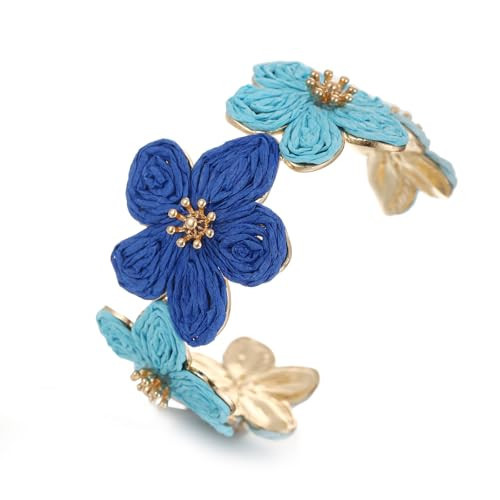 RUOFFETA Raffia Flower Cuff Bracelet for Women, Floral Chunky Bangle Wide Open Cuff Statement Bracelet(Blue Ombre) | Amazon (US)