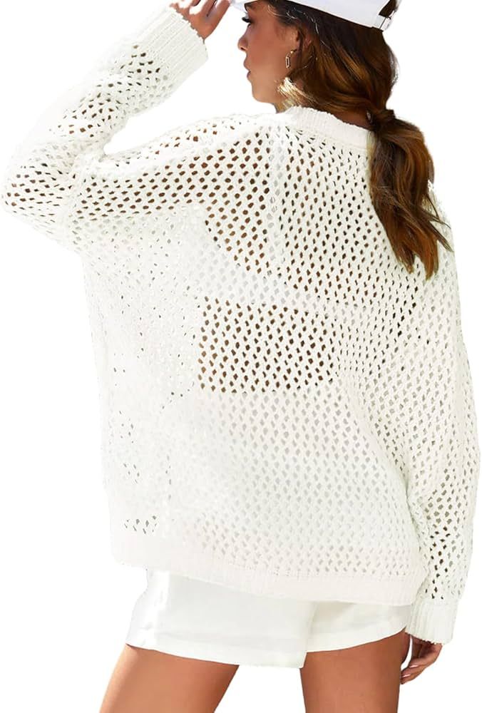 Summer Sweaters for Women, Crochet Sweaters Long Sleeve Crew Neck Swimsuit Beach Cover Up for Wom... | Amazon (US)