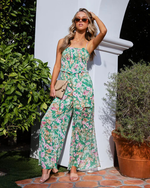 Fiore Floral Smocked Pocketed Slit Jumpsuit | VICI