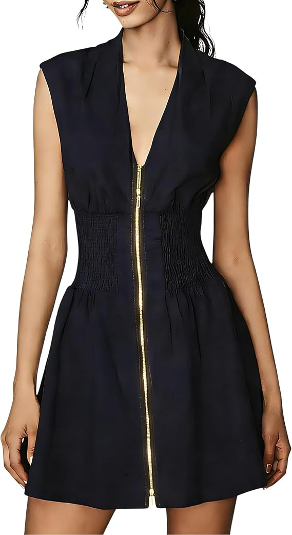 Women’s V Neck Summer Dress Cap Sleeve Zipper Mini Dress Smocked Slit Dress with Pockets | Amazon (US)