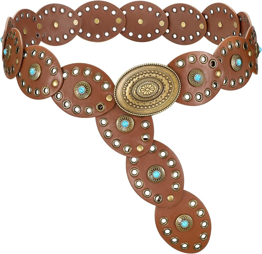 WERFORU Women Western Belts Wide Disc Belt with Turquoise for Dress Cowgirl Country Belt Boho Con... | Amazon (US)