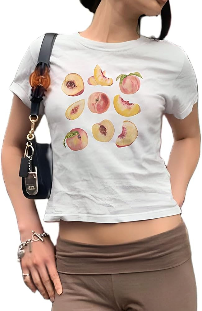 Women Fairy Baby Tee Cute Graphic Print Crop Shirt Y2k Crew Neck Short Sleeve Top Aesthetic Going... | Amazon (US)