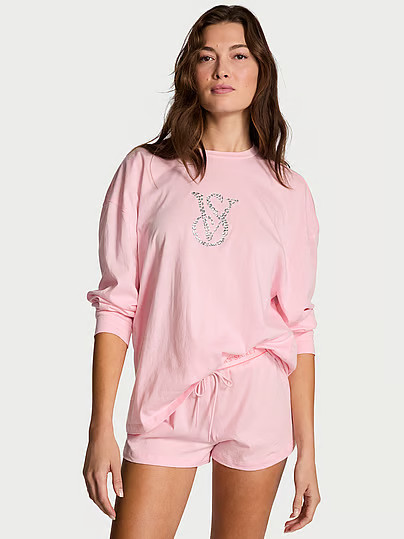 100% Cotton Shine Long-Sleeve Short Pajama Set, Pink, XL - Women's Sets - Victoria's Secret | Victoria's Secret (US / CA )