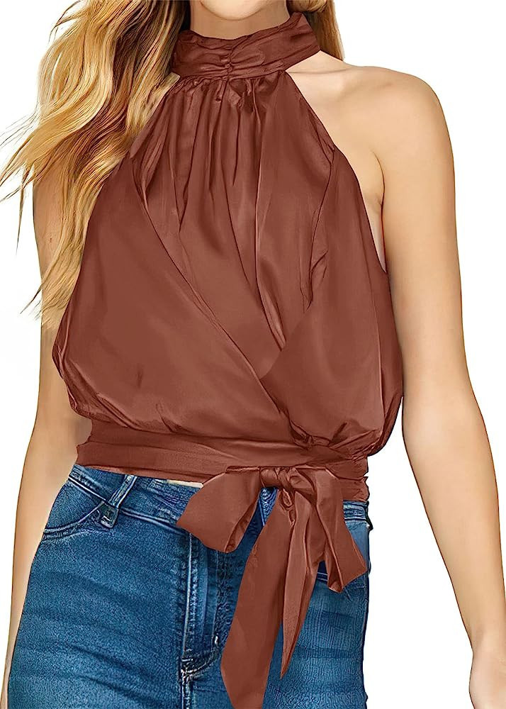 KIRUNDO Women's 2023 Halter Satin Summer Tops Bow Tie Elastic Waist Tank Crop Top Elegant Dressy ... | Amazon (US)