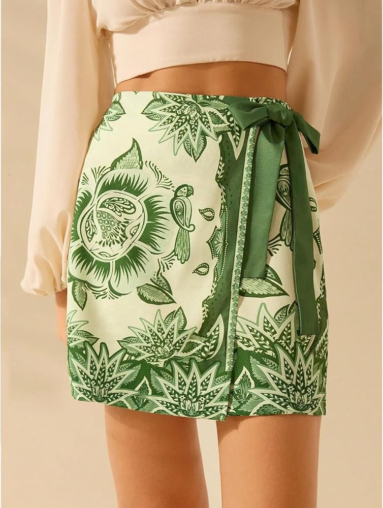 Womens Summer Floral Wrap Short Skirt Tie Side High Waist A Line Beach Vacation Boho Mini Skirt | Amazon (US)