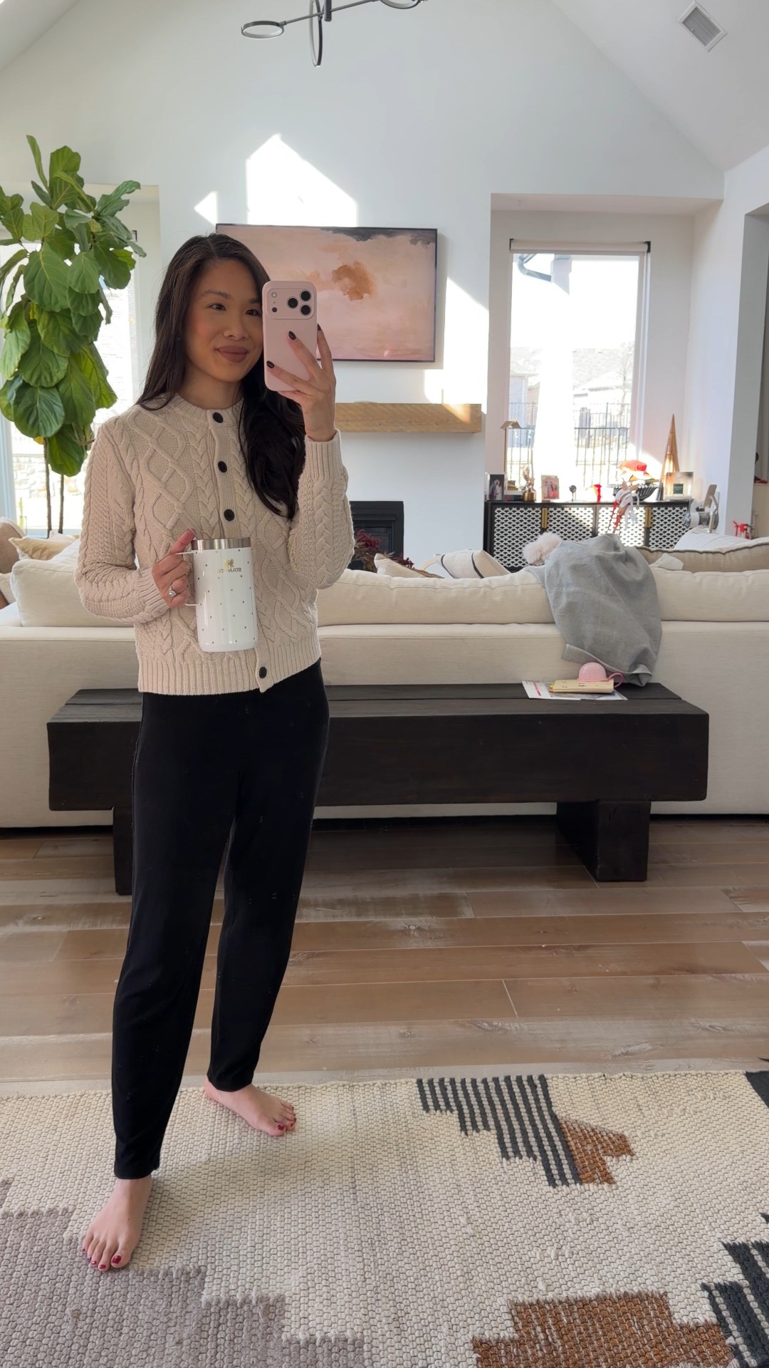 Casual winter outfit for a postpartum Mom. Would be good for workwear as well with trousers. Love how this merino wool cardigan is breastfeeding friendly. Wearing size XS  