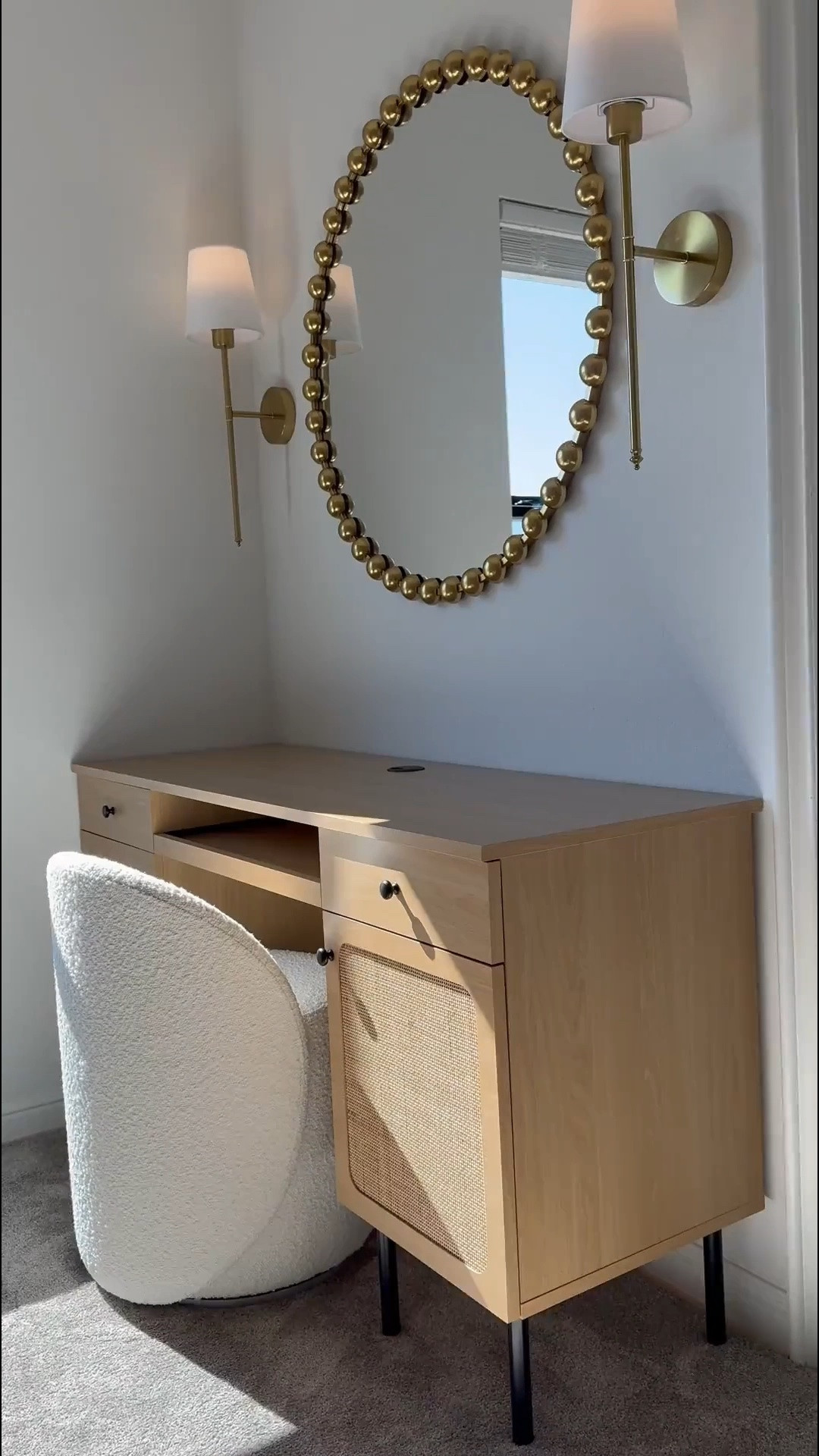 We found it! 😊 - The perfect desk  for smaller spaces….🤎 

It measures 55.5 inches in width & the wall is 57 inches. The mirror is 36x36 inches & the sconces are battery operated making them convenient to place anywhere! 🎉 …. Excited to share the rest of the room as we put it together 😊

#LTKStyleTip #LTKSaleAlert #LTKHome