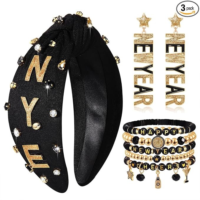 Happy New Year Headbands for Women 2025 New Year’s Eve Heishi Bracelets Glitter Star Earrings N... | Amazon (US)