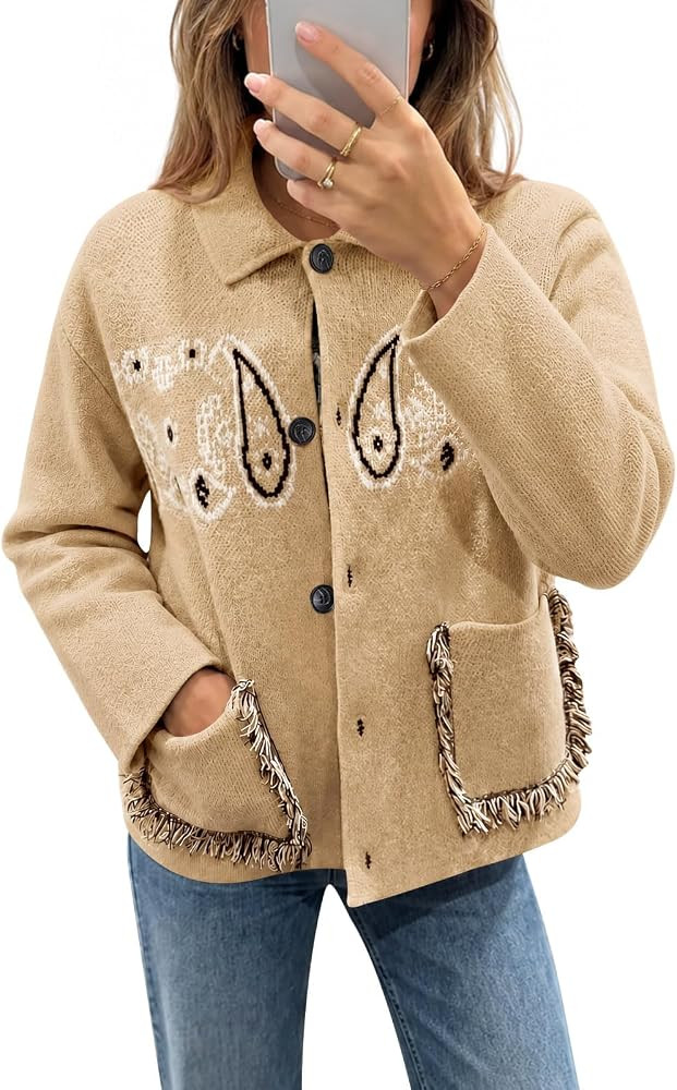 Saodimallsu Womens Boho Cardigan Fringe Paisley Fall Sweater with Pockets | Amazon (US)