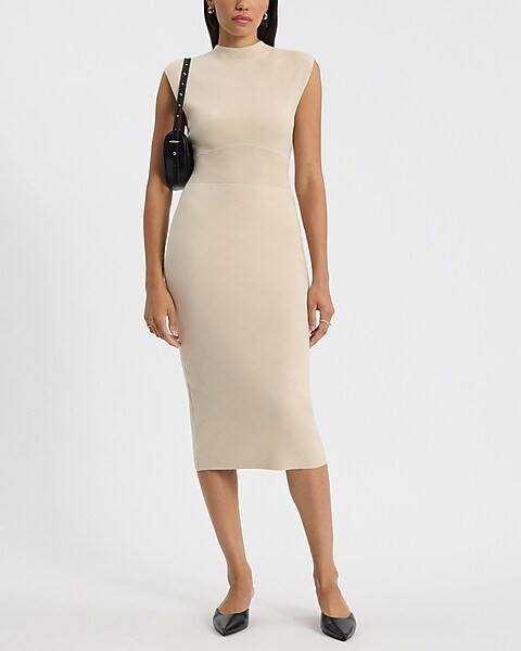 Cap Sleeve Ribbed Waist Mock Neck Midi Sweater Dress | Express