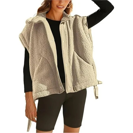 Women's Fuzzy Fleece Vest Oversized Sleeveless Sherpa Jacket Warm Button Down Gilet Outerwear with Pockets | Walmart (US)