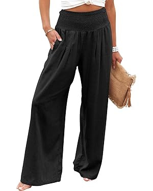 ANRABESS Women Linen Palazzo Pants Summer Boho Wide Leg High Waist Casual Lounge Pant 2025 Beach ... | Amazon (US)