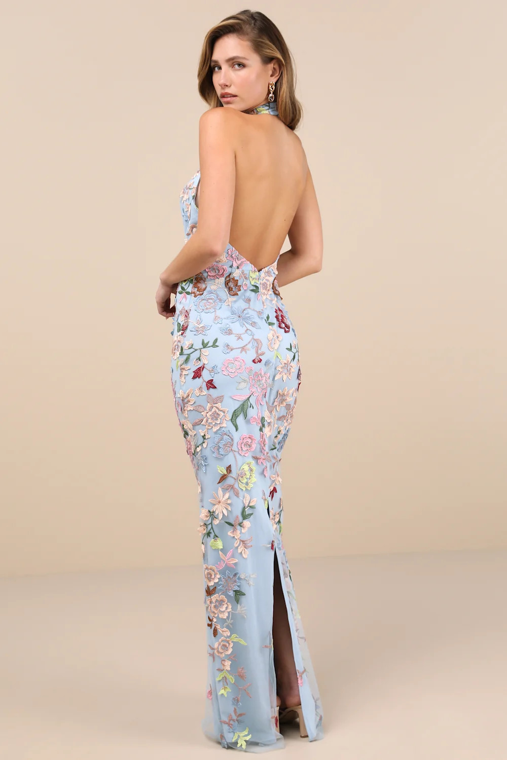 Infinite Praise Blue 3D Floral Embroidered Halter Maxi Dress | Lulus