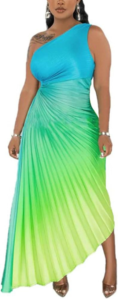 Vaceky Sexy One Shoulder Dress Women Gradient Cutout Pleated High Low Hem Formal Maxi Dresses | Amazon (US)