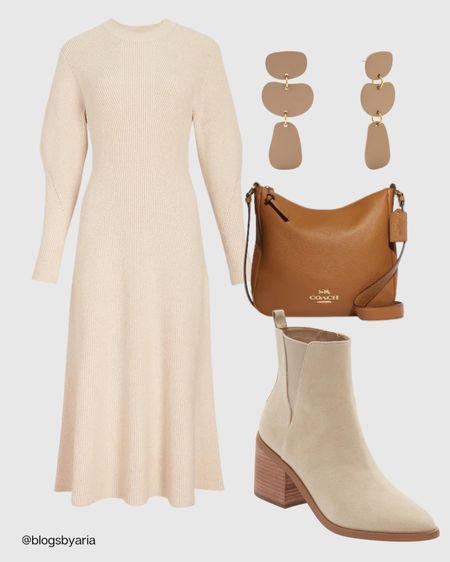 Sweater dress, midi sweater dress, calf booties, brown handbag, neutral earrings, neutral outfit 

#LTKsalealert #LTKSeasonal #LTKstyletip