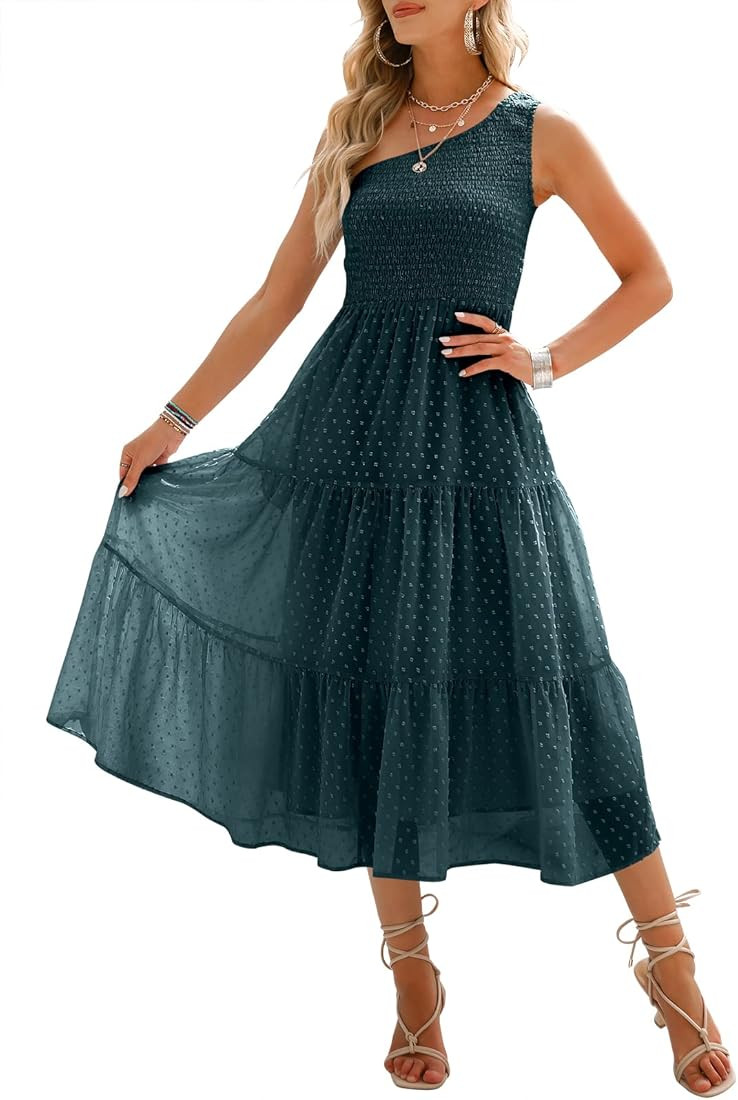 ANRABESS Women's Summer One Shoulder Sundress Sleeveless Swiss Dot Smocked Flowy Tiered Beach Lon... | Amazon (US)