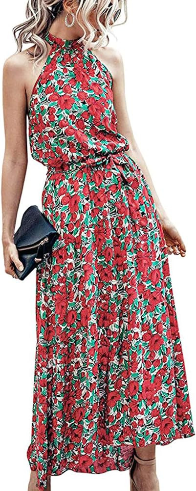 PRETTYGARDEN Womens Halter Neck Floral Backless Loose Ruffle Maxi Dress | Amazon (US)