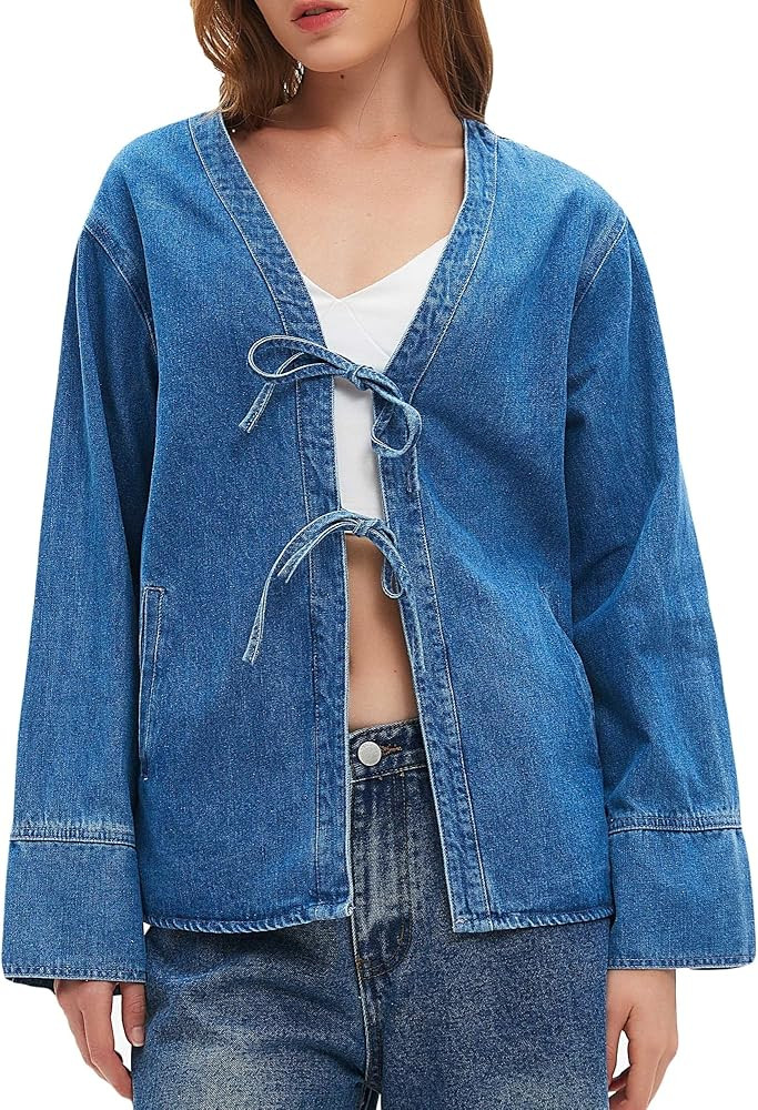 LifeShe Jean Jacket Women Tie Front Top Loose Wide Sleeve Denim Shacket Lightweight V Neck Coat | Amazon (US)