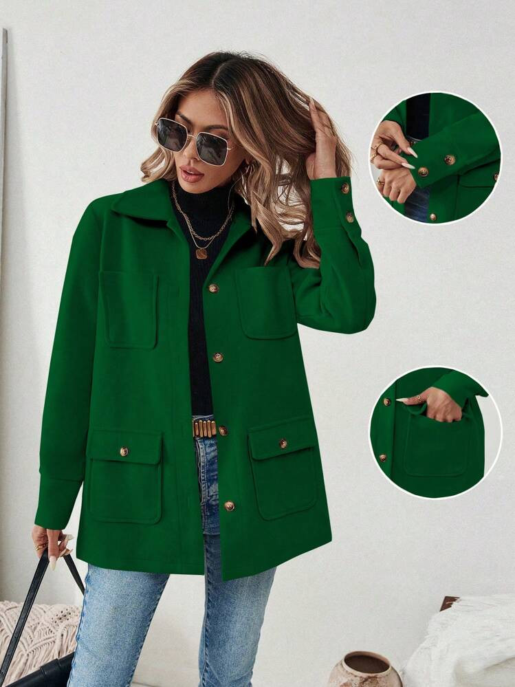 Green Button Down Jacket  | SHEIN