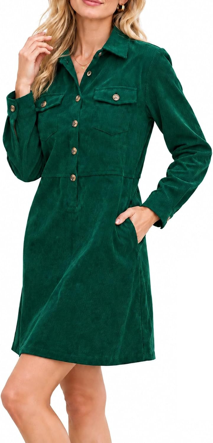 YEXPINE Women's Corduroy Shift Dress Long Sleeve Button Down Mini Dress | Amazon (US)