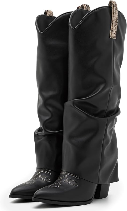 MUCCCUTE Women's Western Cowboy Denim Boots Fold-Over Cowgirl Knee-High Boots Pointed-Toe Block H... | Amazon (US)