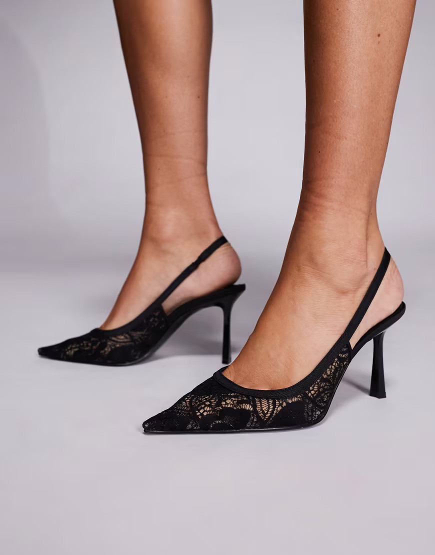 ASOS DESIGN Piper slingback high heel shoes in black lace | ASOS (Global)