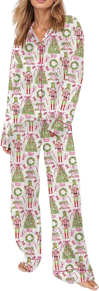 Faretumiya Women Silk Satin Christmas Pajamas Xmas Long Sleeve Sleepwear Holiday Print Two Piece ... | Amazon (US)