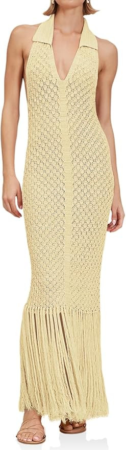Saodimallsu Womens Halter Crochet Cover Up Fringe Sexy Backless Sleeveless V Neck Collared Vacati... | Amazon (US)