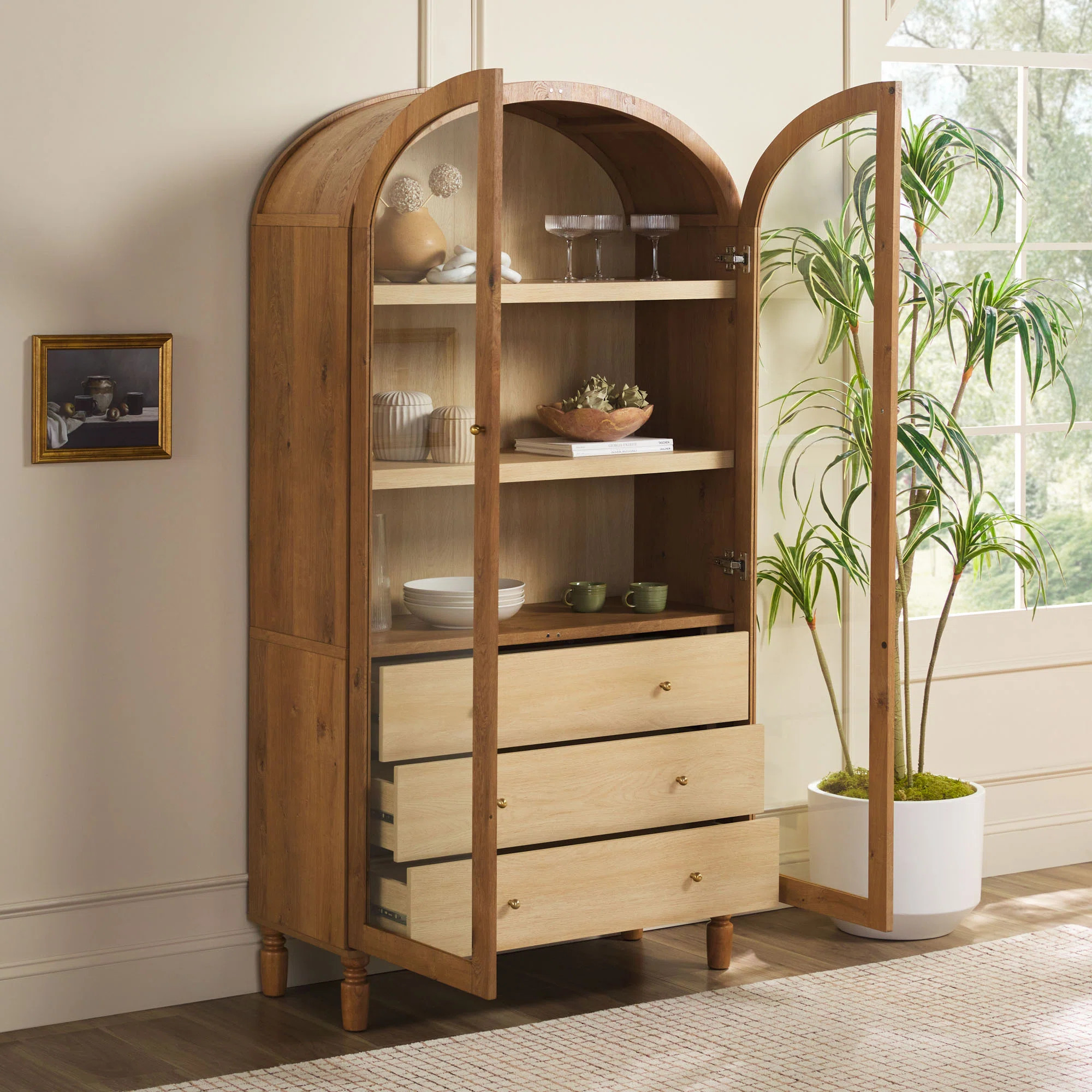Holzhauer Modern Arched Glass Bookcase With Cabinet | Wayfair North America