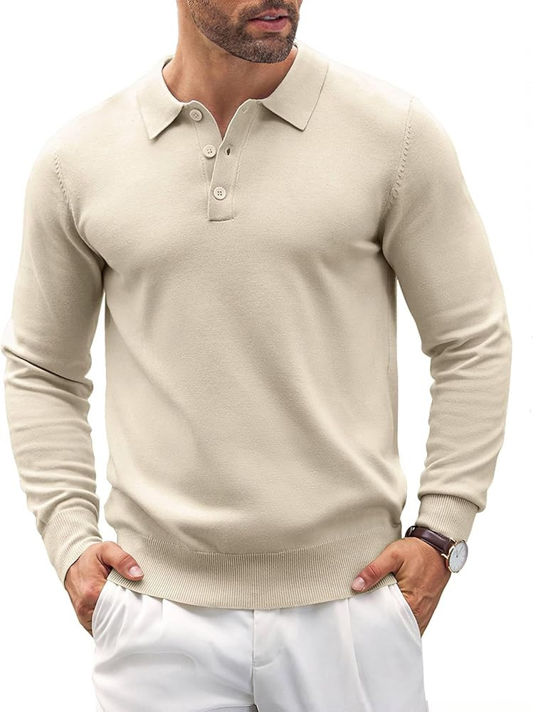 COOFANDY Mens Knit Polo Shirts Casual Long Sleeve Classic Polo Shirts Button Down Golf Shirts | Amazon (US)