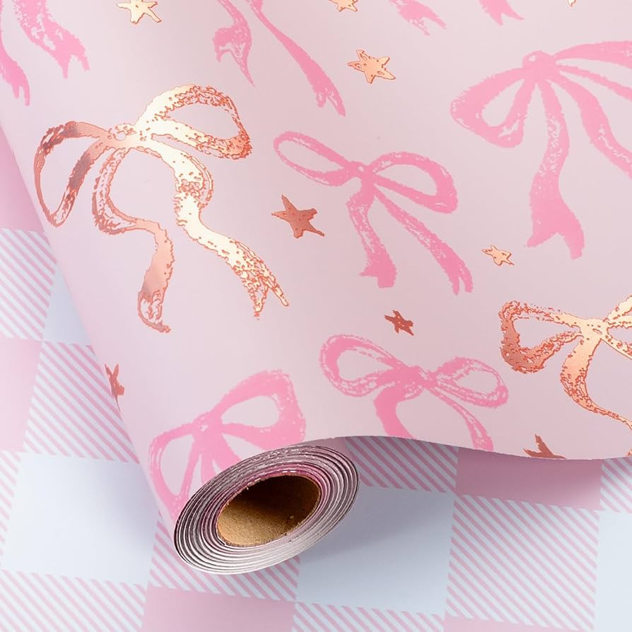 MAYPLUSS Pink Wrapping Paper Roll, Cute Bow Gift Wrap, Reversible Plaid Gift Paper for Girl Baby ... | Amazon (US)