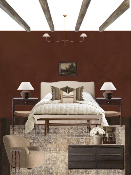 Curated Primary Suite, if I was to redo our room I would do something like this! Inspired by Amber Lewis and an gorgeous dining room she did! I love the rust Roman clay walls, and all the beautiful fixtures being it together!

Bedroom Inspo bedroom design master bedroom bed dresser chandelier nightstands cozy armchair lamps artwork moody bedroom 

#LTKstyletip #LTKFind #LTKhome