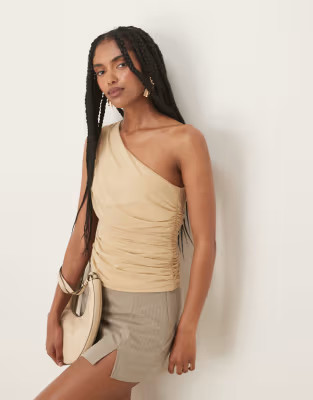 Abercrombie & Fitch mesh asymmetric tie detail top in beige | ASOS (Global)