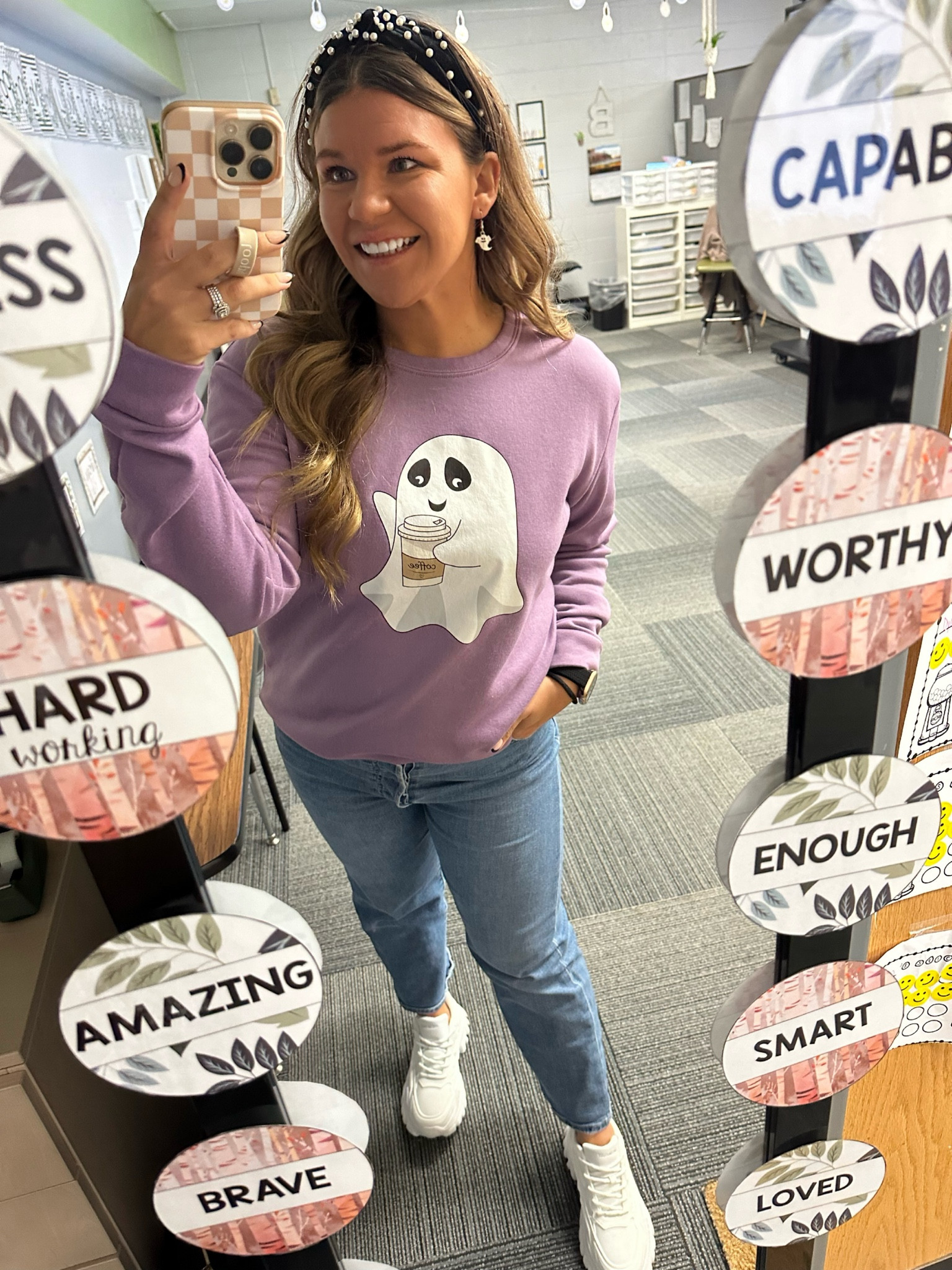 Teacher OOTD: Halloween edition 👻

This ghost drinking coffee sweatshirt has been a hit with the kids today! I’ve been telling them I’m a ghost without my coffee 😅 It is only $3 now! Also, peep my ghost earrings. They come in a pack of 9 for $10. My headband is a part of the Prime Big Deals Day and comes in a pack of 2 for $7. And the final deal, my Levi jeans are only $45 on Amazon right now  

#LTKHalloween #LTKxPrime #LTKsalealert