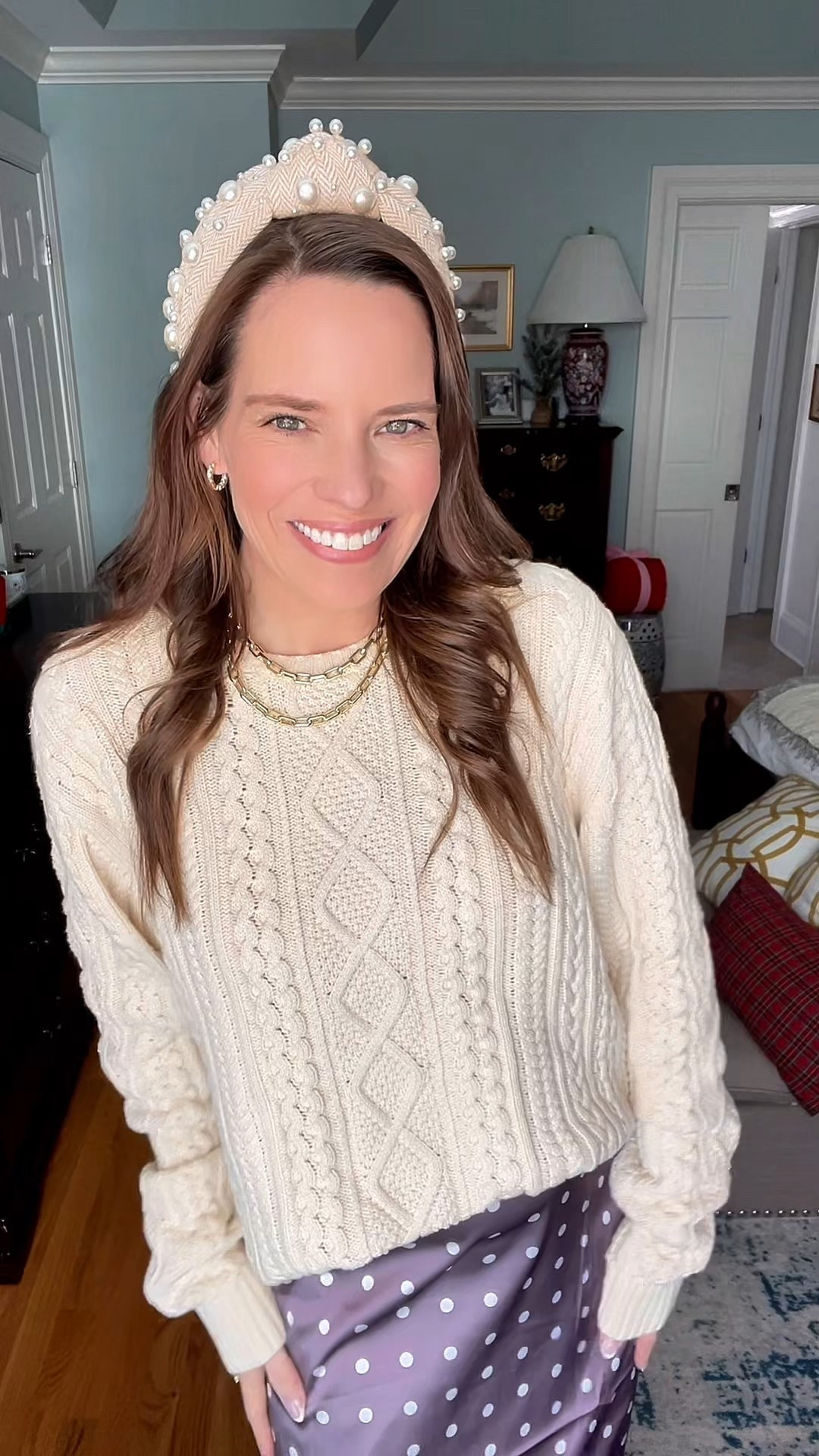 Cream Cable Knit & Polka Dot Satin Skirt Outfit 🤍✨

This is such a chic mix of cozy and feminine — a classic cream cable knit paired with a silky polka dot satin maxi skirt always feels timeless but still fun 🤍 I love how the texture of the sweater balances the softness and movement of the skirt, making this look perfect for dressing up without feeling overdone. Neutral pointed-toe heels keep everything streamlined and polished, while still feeling elegant and wearable.

I finished the look with a pearl headband for a little extra charm and layered gold jewelry to elevate the outfit. The pearl and chain necklaces add that polished, classic touch that works beautifully for holiday dinners, church, date nights, or winter events. This is one of those outfits that feels put-together but still comfortable — an easy win when you want to look chic with minimal effort ✨

Cream sweater outfit, cable knit sweater look, satin polka dot skirt outfit, winter skirt outfit, pearl headband style, neutral heel outfit, feminine winter fashion, chic holiday outfit, cozy elegant look, polished everyday outfit

#LTKFindsUnder50 #LTKHoliday #LTKWorkwear

#LTKFindsUnder100 #LTKOver40 #LTKFindsUnder50