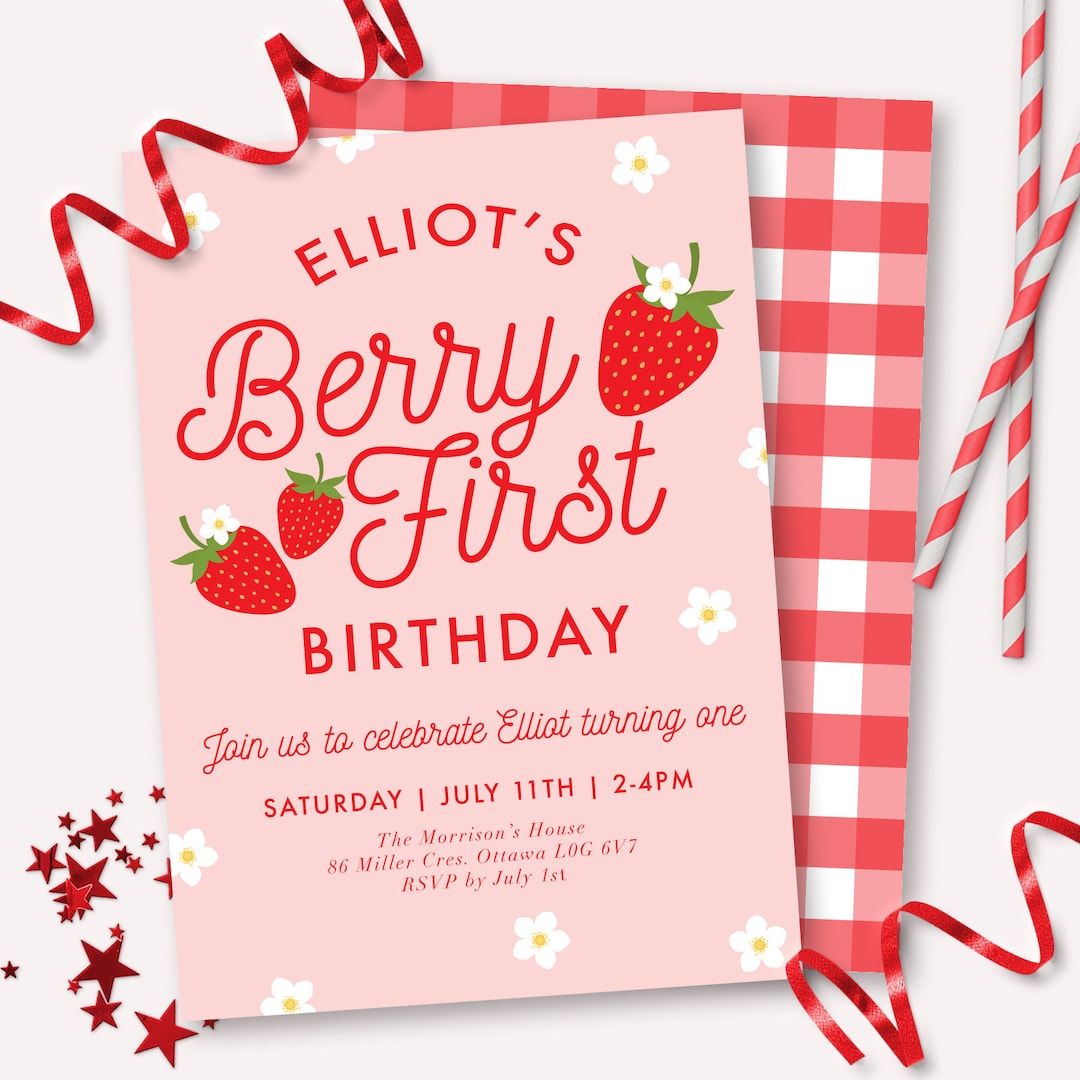 Strawberry Invitation Printable Berry First 1st Birthday Party Invite Customizable Strawberry Dai... | Etsy (US)