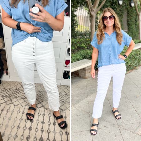 I finally found the PERFECT short sleeve chambray shirt! I have literally been looking for 2 years. I paired it with these cute button fly white jeans which fit TTS in a 10. The material is super soft and it is longer in the back for jeggings. It runs big so I sized down one and I just love it.

Teacher outfits / summer work outfits / summer business casual outfits / short sleeve denim shirt / cropped white jeans
#walmartpartner


#LTKOver40 #LTKWorkwear #LTKFindsUnder50