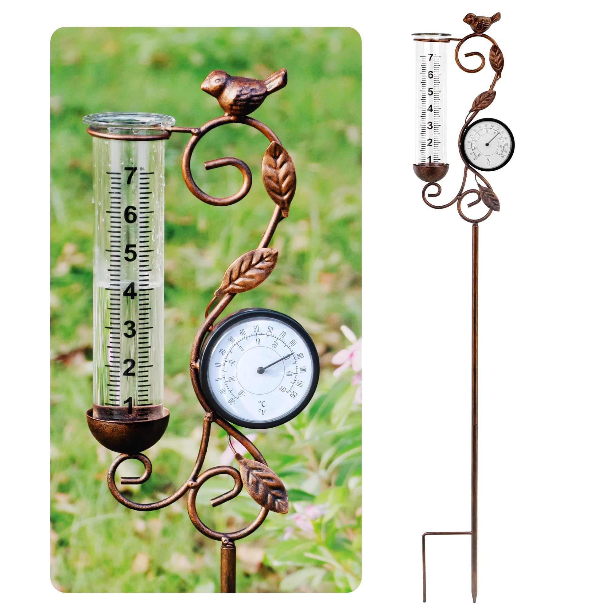 32" Garden Rain Gauge with Thermometer - 7" Glass Tube for Outdoor Indoor Use, Patio Yard Decor S... | Amazon (US)