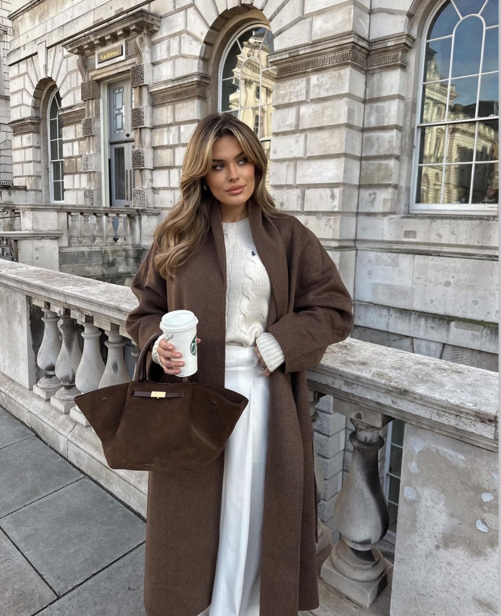 Autumn layered look. Brown chocolate coat. Ralph Lauren cable knit. Demellier work bag. White trousers. 

#LTKworkwear #LTKuk #LTKautumn