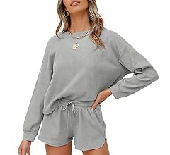ZESICA Women's Waffle Knit Long Sleeve Top and Shorts Pullover Nightwear Lounge Pajama Set with P... | Amazon (US)
