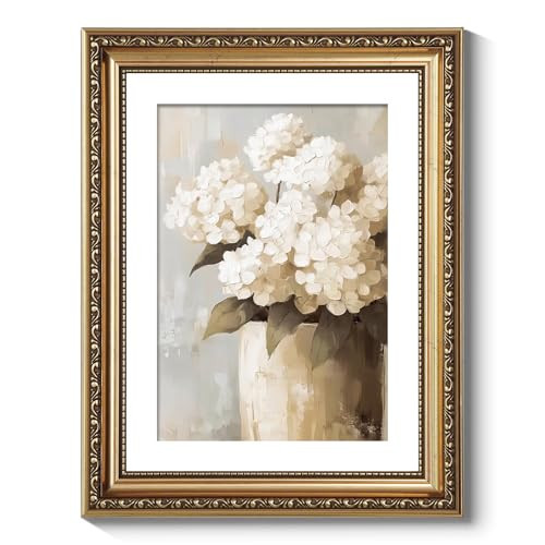 ARPEOTCY Vintage Gold Framed Wall Art Decor, 11x14 Inch Retro White Hydrangeas Prints, Farmhouse Floral Wall Art for Living Room Bedroom, Botanical Bathroom Decor Aesthetic | Amazon (US)