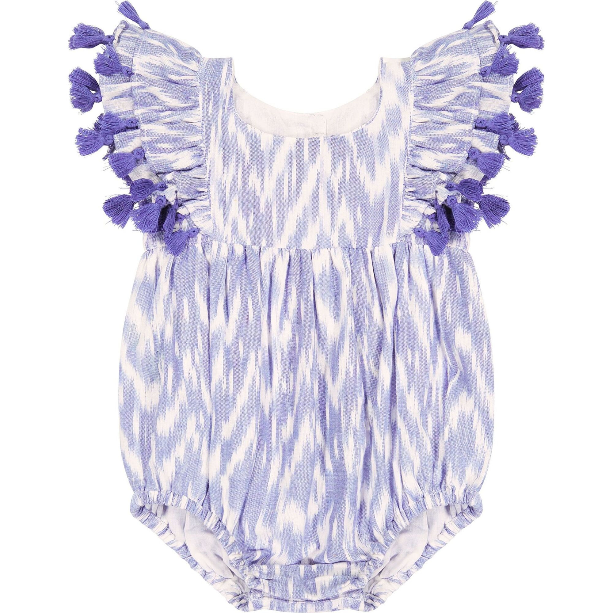 Baby Anna Ikat Tassel Flutter Sleeve Romper, Blue | Maisonette